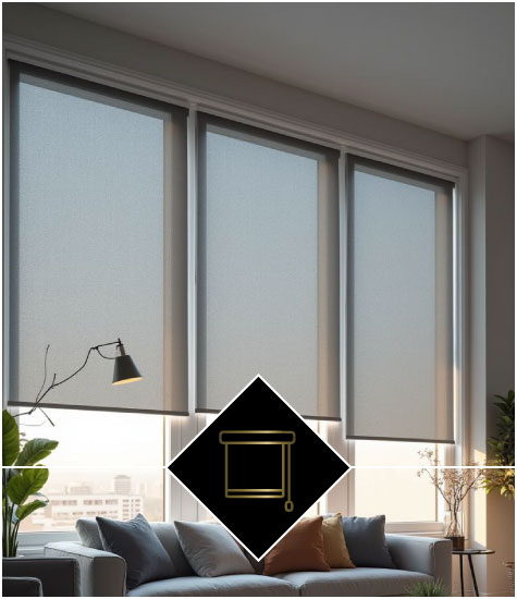 Roller blinds in a modern living room with daylight filtering fabric by A Touch of Class