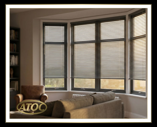 Sleek aluminium venetian blinds with horizontal slats fitted in a modern Essex living room