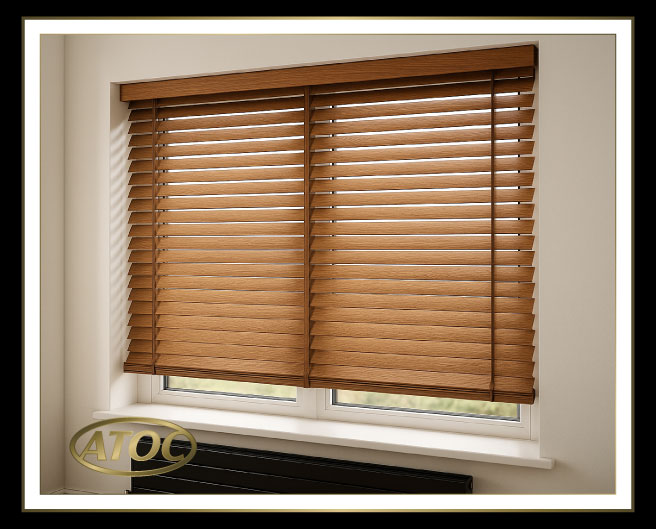 Moisture-resistant faux wood venetian blinds fitted in an Essex kitchen with sleek horizontal slats