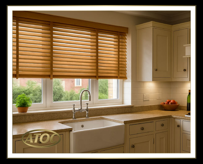 Faux wood venetian blinds tilted half closed to keep privacy while letting daylight in at a street-facing Essex window