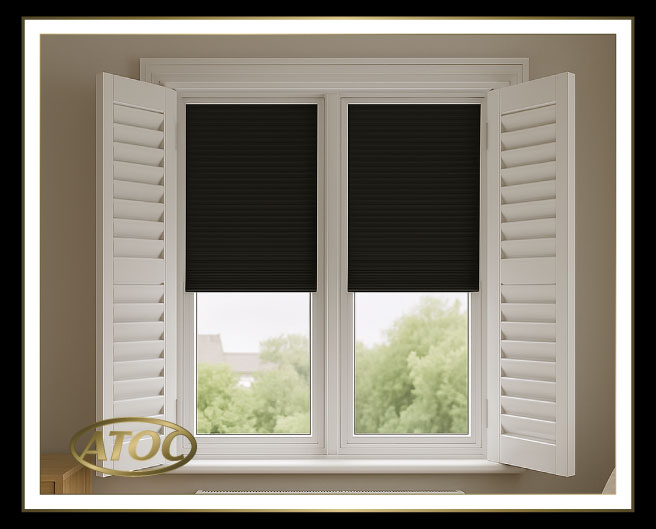 Room-darkening plantation shutters with an integrated blackout blind fitted in an Essex bedroom