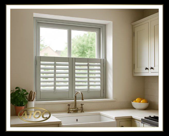 Cafe style plantation shutters fitted to the lower half of an Essex bay window for street-level privacy with daylight above