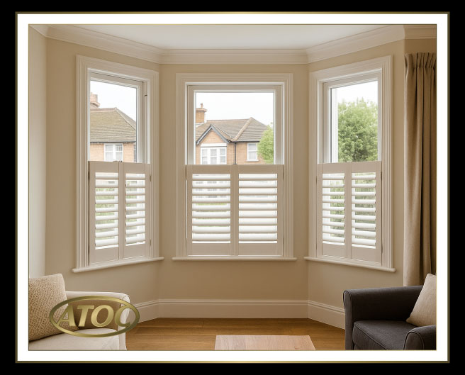 Cafe style shutters in an Essex kitchen-diner giving privacy at street level while keeping the room bright