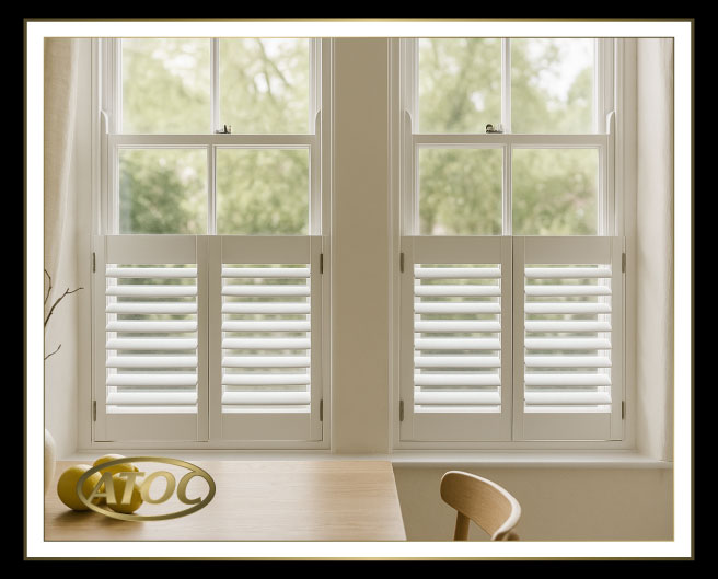 Close-up of cafe style shutter options showing wood and polyvinyl finishes, louvre sizes, tilt styles and custom top height alignment