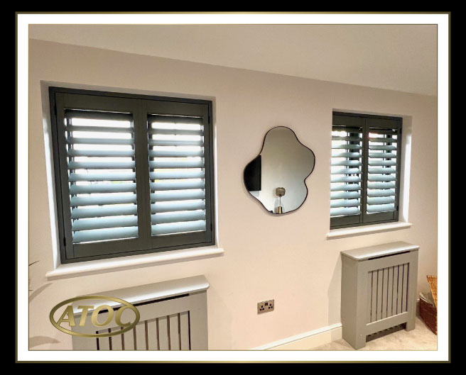 Close-up of full height shutter options showing painted wood and polyvinyl finishes, four louvre sizes and hidden or centre tilt controls