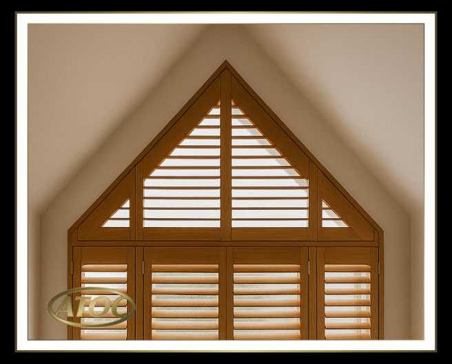 Close-up of shaped shutter production showing templates for apex, arch and circle with custom frames and tilt options