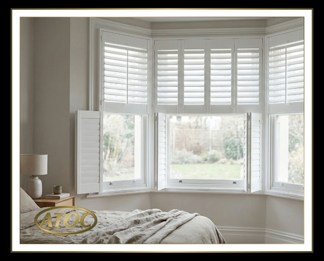 Close-up of tier-on-tier shutter choices showing wood and polyvinyl finishes, louvre sizes and hidden or centre tilt controls