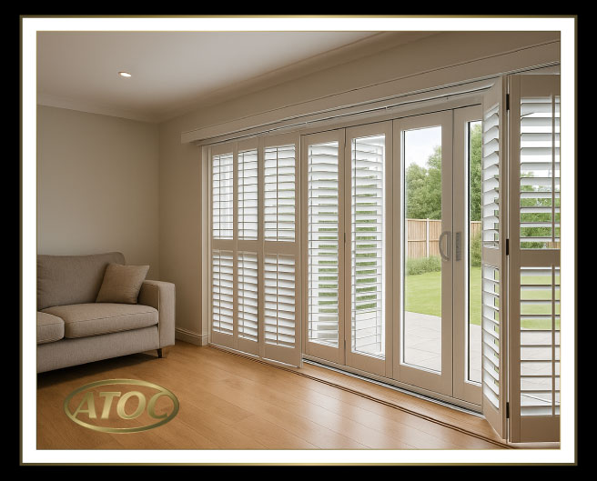 Tracked plantation shutters gliding across wide patio doors in a modern Essex living room
