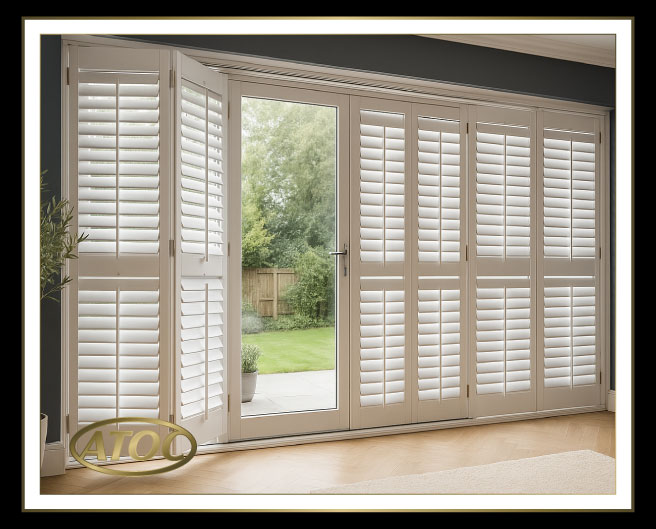 Tracked plantation shutters used as a room divider in an open-plan Essex home with clear walk-through