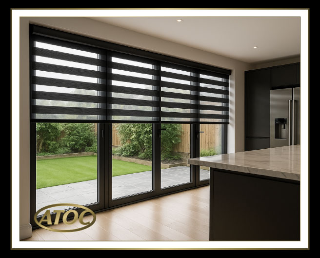 Close-up of Vision blind cassette with matching bottom bar and controls including metal chain, motorised remote and voice or app control