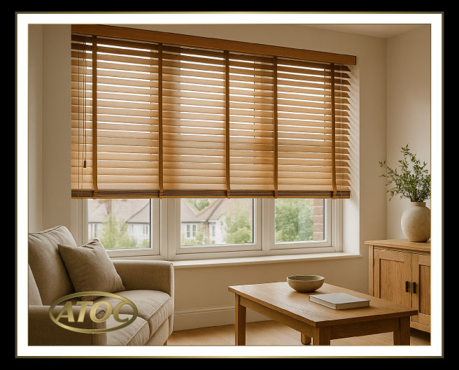 Made to measure wooden venetian blinds with sleek horizontal slats fitted in a modern Essex living room